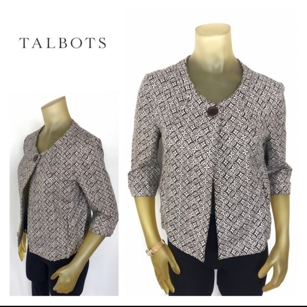 Talbots Brown Off White Single Button Blazer Stretch All Over Print Women's